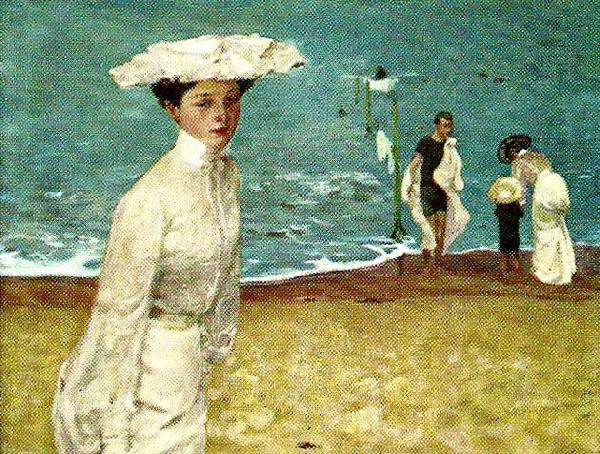 unknow artist woman in white on a beach France oil painting art